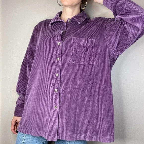 LL Bean wide wale corduroy aubergine purple button-down collared shirt L - Picture 10 of 17